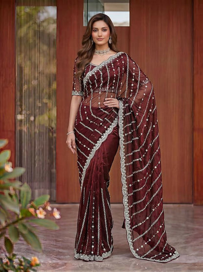 Lehenga Mart Designer Bollywood Style Party Wear Saree-Maroon