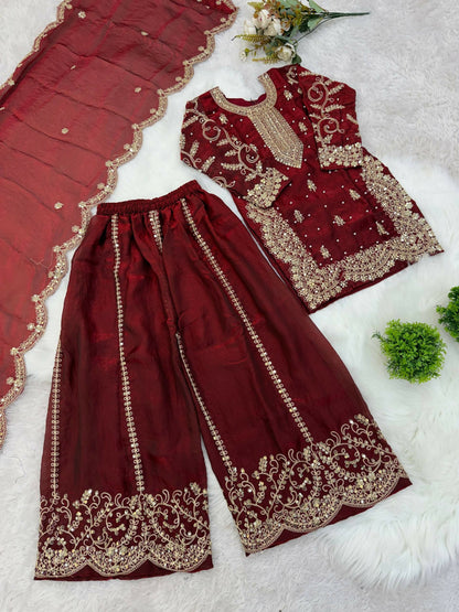 Teeya Creation Girls Heavy Embroidery Maroon Ethnic Kurta And Palazzo Set With Net Dupatta