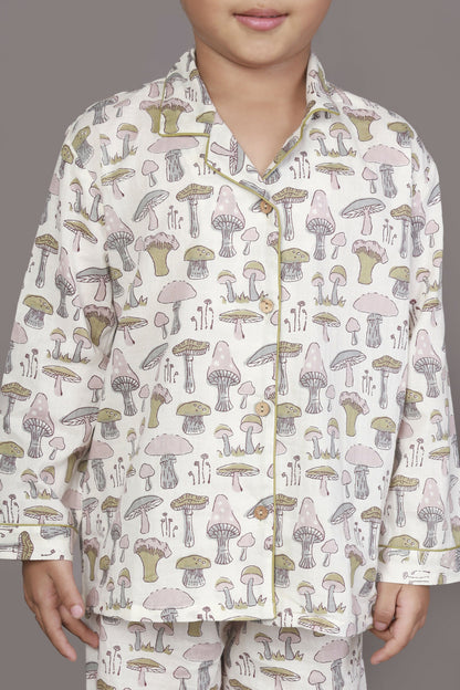 Breathables Kids Cotton White Mushroom Print Shirt & Pyjama Boys & Girls Night Suit