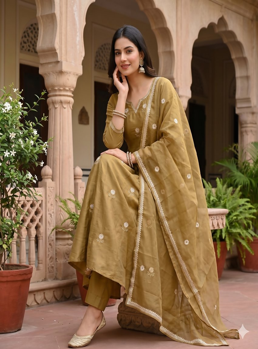 Teeya Creation Festive Gold-Olive Green Anarkali Kurta Pant Set For Women