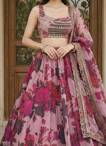 Lehenga Mart Pink Multi Printed Color Organza Designer Bollywood Style Wedding Wear Lehenga Choli