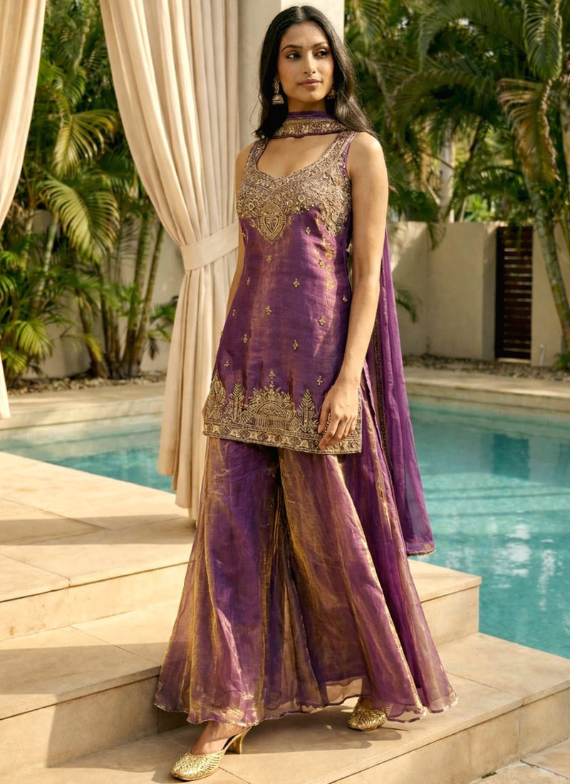 Vegaa Fashion Light-Purple Embroidered Satin Palazzo Suit