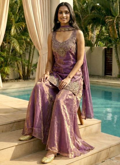 Vegaa Fashion Light-Purple Embroidered Satin Palazzo Suit