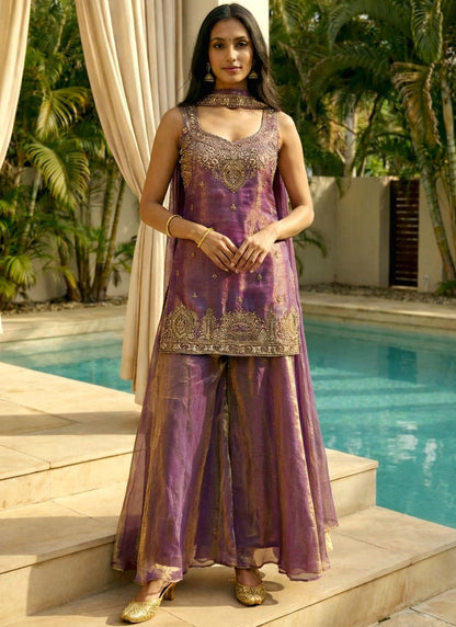 Vegaa Fashion Light-Purple Embroidered Satin Palazzo Suit