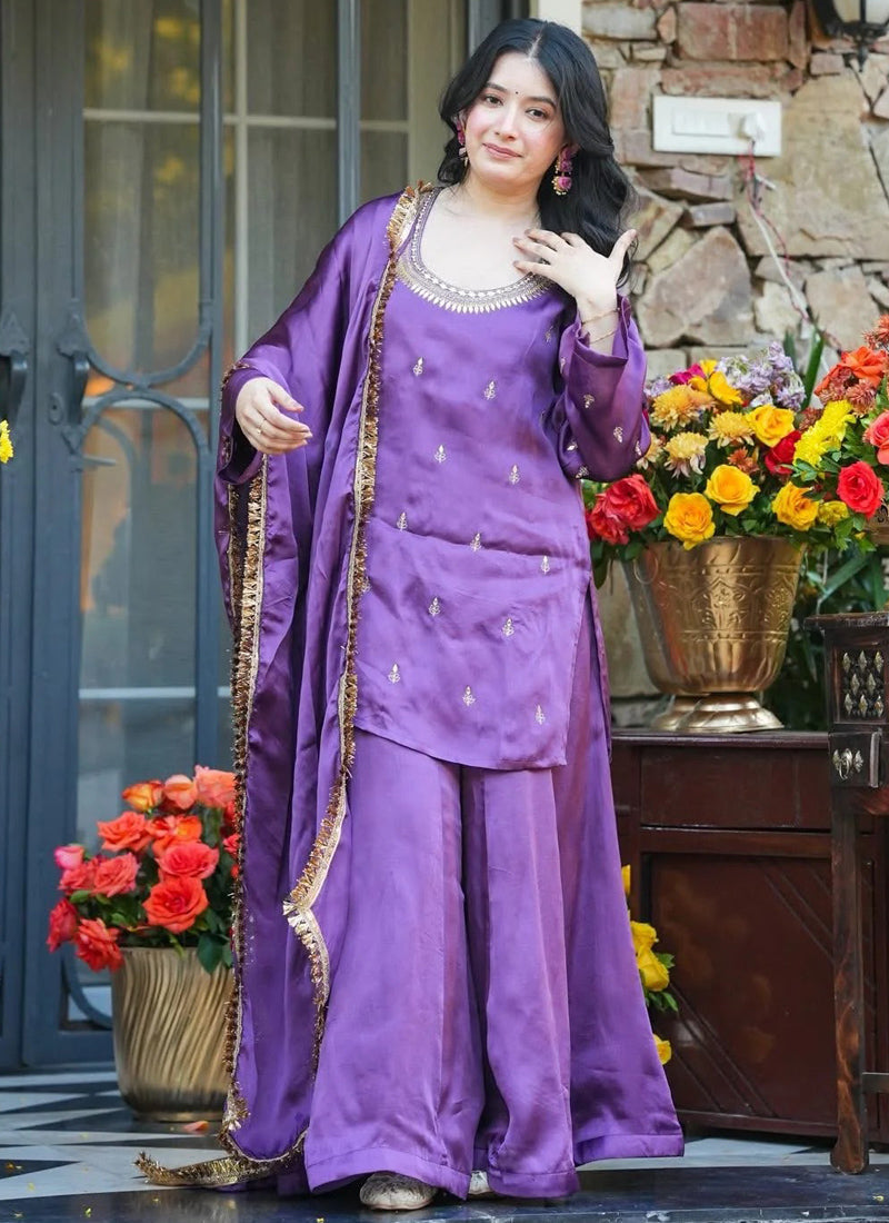 Vegaa Fashion Purple Embroidered Fendi Silk Salwar Suit