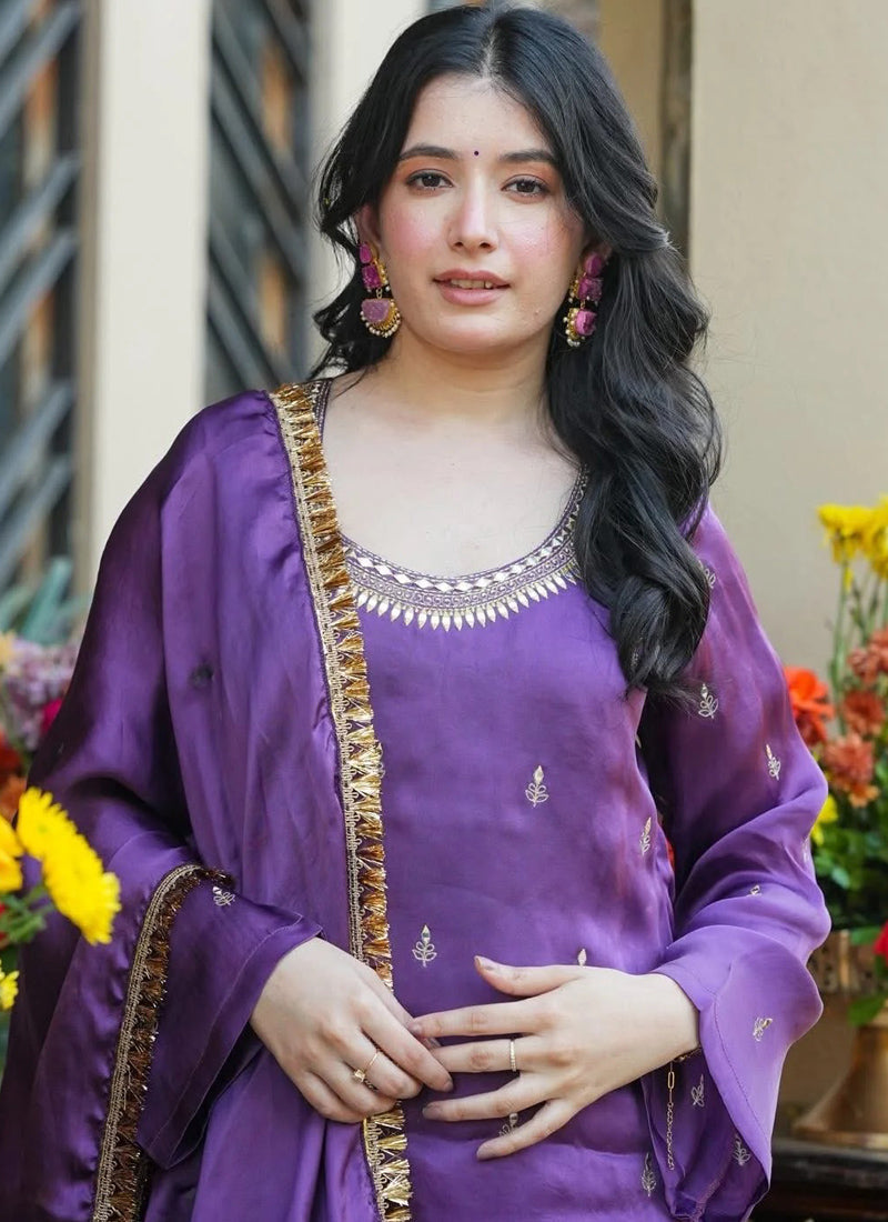 Vegaa Fashion Purple Embroidered Fendi Silk Salwar Suit