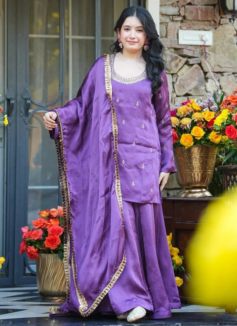 Vegaa Fashion Purple Embroidered Fendi Silk Salwar Suit