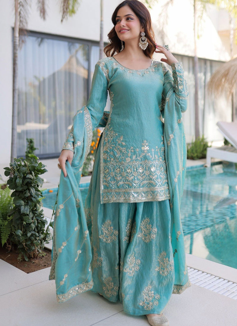 Vegaa Fashion Sky-Blue Embroidered Fendi Silk Salwar Suit
