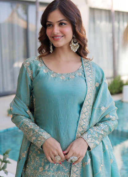 Vegaa Fashion Sky-Blue Embroidered Fendi Silk Salwar Suit