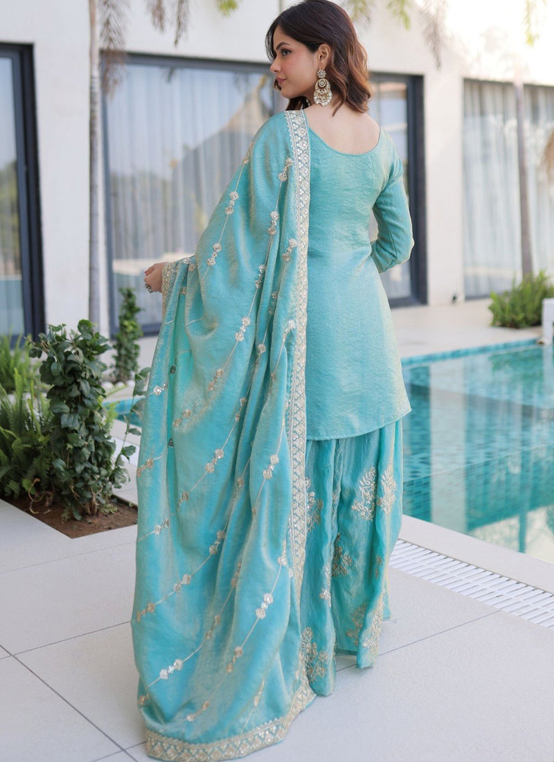 Vegaa Fashion Sky-Blue Embroidered Fendi Silk Salwar Suit