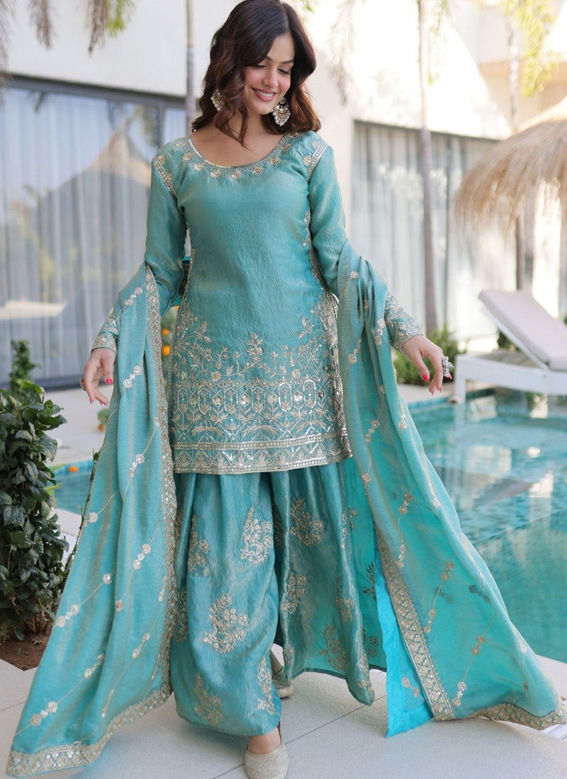 Vegaa Fashion Sky-Blue Embroidered Fendi Silk Salwar Suit