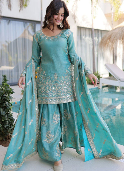 Vegaa Fashion Sky-Blue Embroidered Fendi Silk Salwar Suit