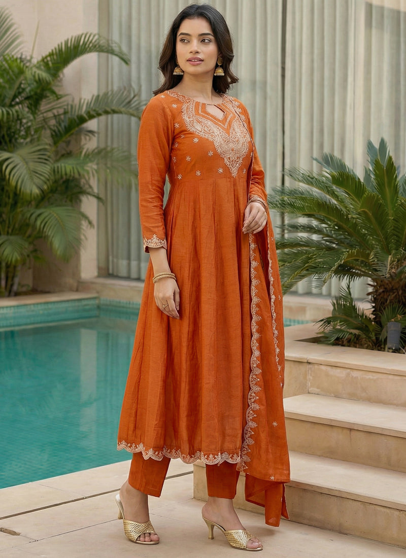 Vegaa Fashion Orange Embroidered Vichitra Anarkali Suit