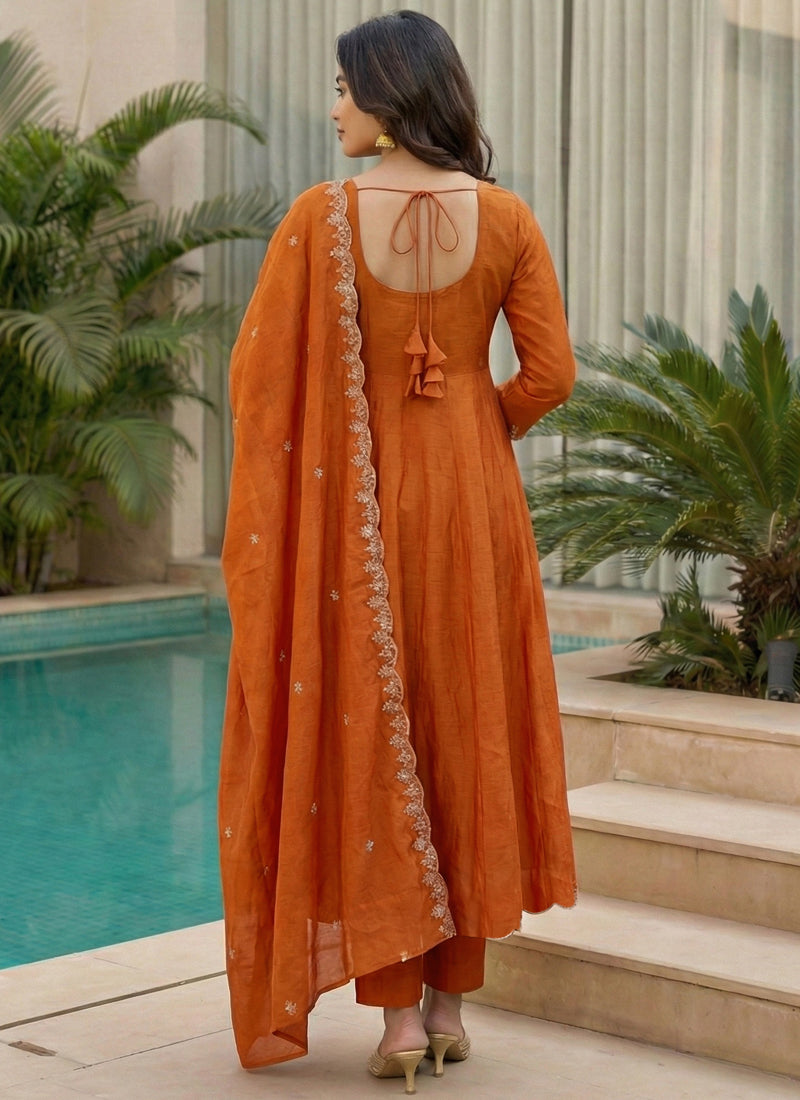 Vegaa Fashion Orange Embroidered Vichitra Anarkali Suit