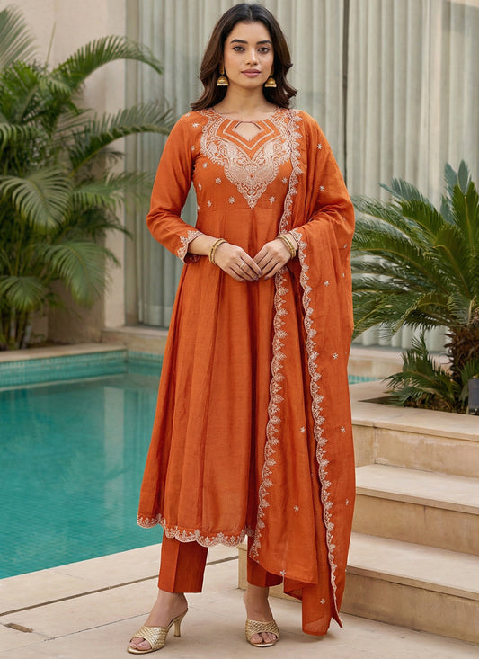 Vegaa Fashion Orange Embroidered Vichitra Anarkali Suit