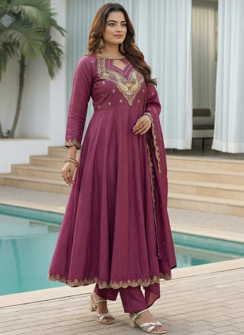 Vegaa Fashion Dark-Purple Embroidered Vichitra Anarkali Suit