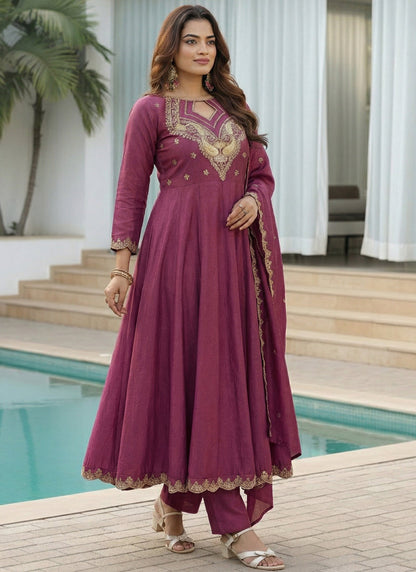 Vegaa Fashion Dark-Purple Embroidered Vichitra Anarkali Suit