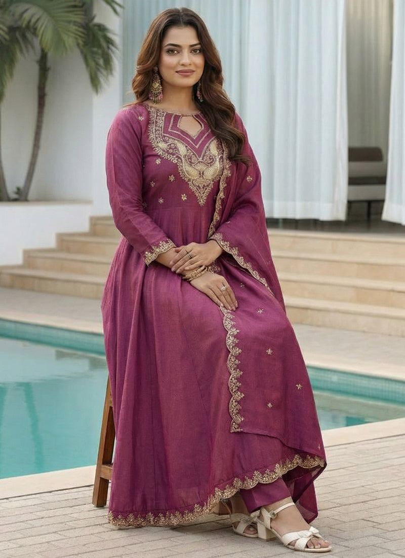Vegaa Fashion Dark-Purple Embroidered Vichitra Anarkali Suit