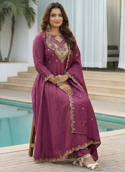 Vegaa Fashion Dark-Purple Embroidered Vichitra Anarkali Suit