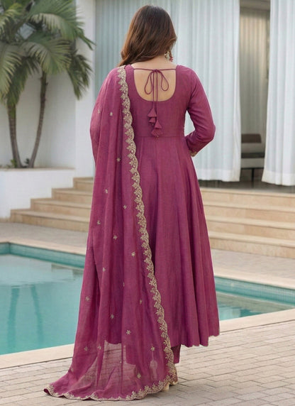 Vegaa Fashion Dark-Purple Embroidered Vichitra Anarkali Suit