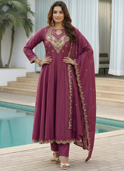 Vegaa Fashion Dark-Purple Embroidered Vichitra Anarkali Suit