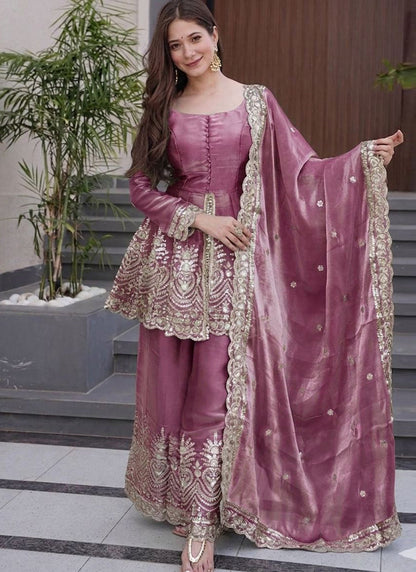Vegaa Fashion Dark-Pink Embroidered Fendi Silk Salwar Suit