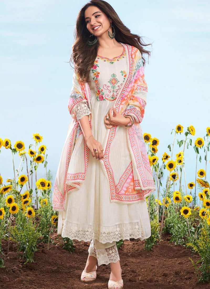 Vegaa Fashion Off-White Embroidered Cotton Anarkali Suit