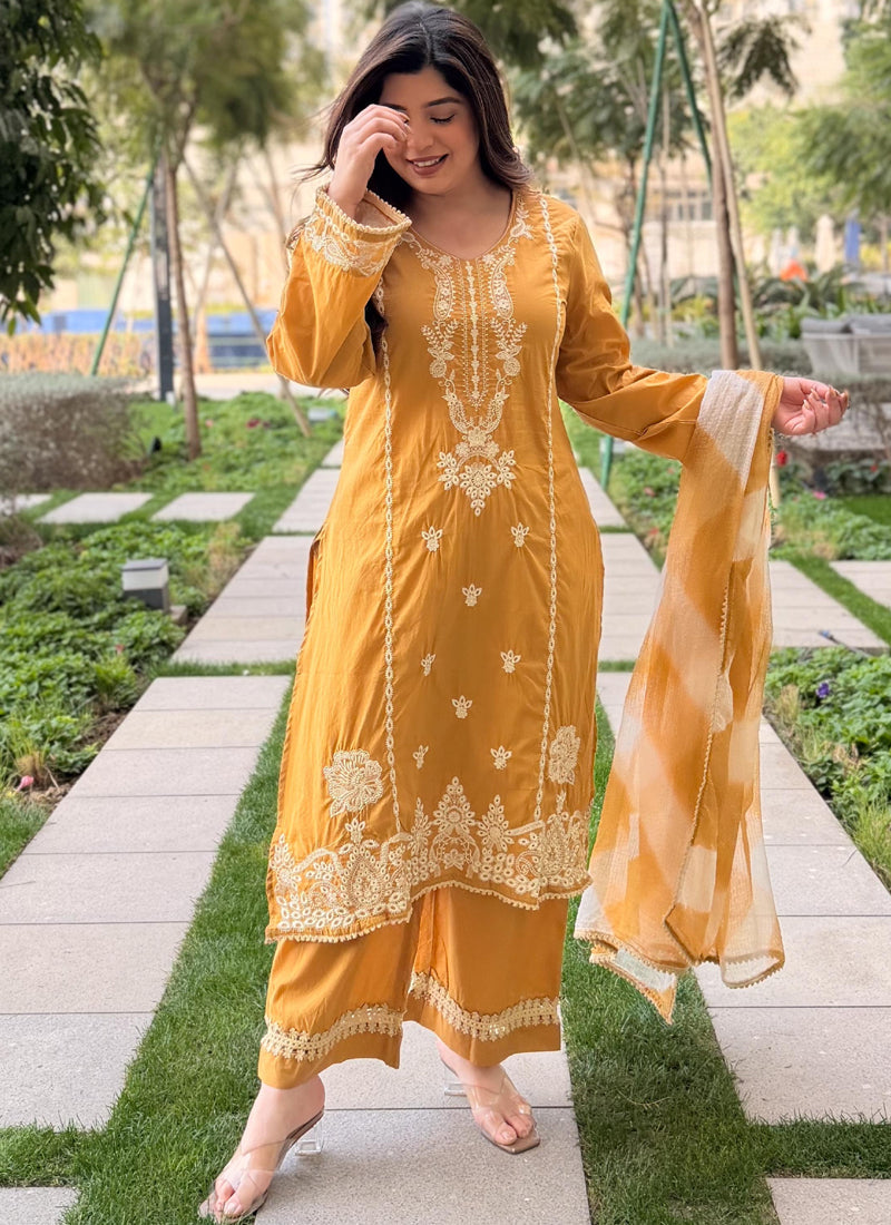 Vegaa Fashion Mustard Embroidered Vichitra Salwar Suit