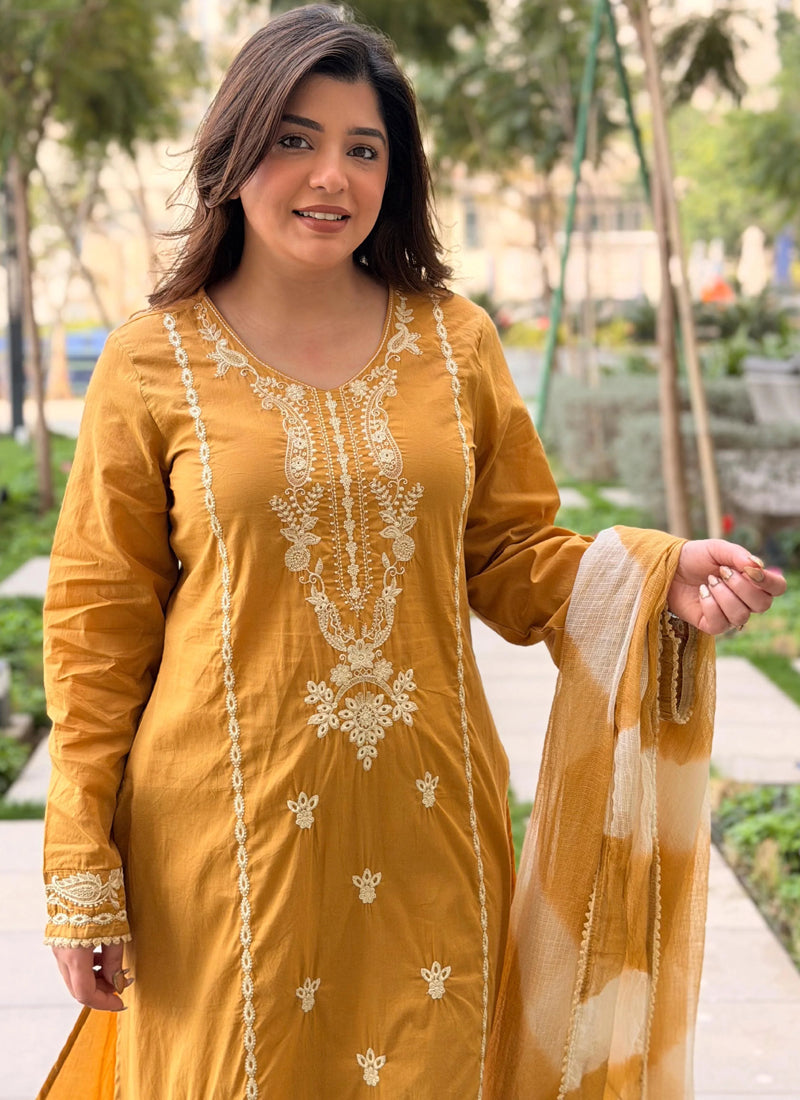 Vegaa Fashion Mustard Embroidered Vichitra Salwar Suit
