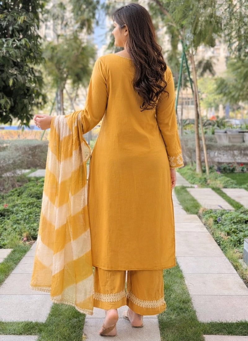 Vegaa Fashion Mustard Embroidered Vichitra Salwar Suit