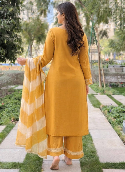 Vegaa Fashion Mustard Embroidered Vichitra Salwar Suit