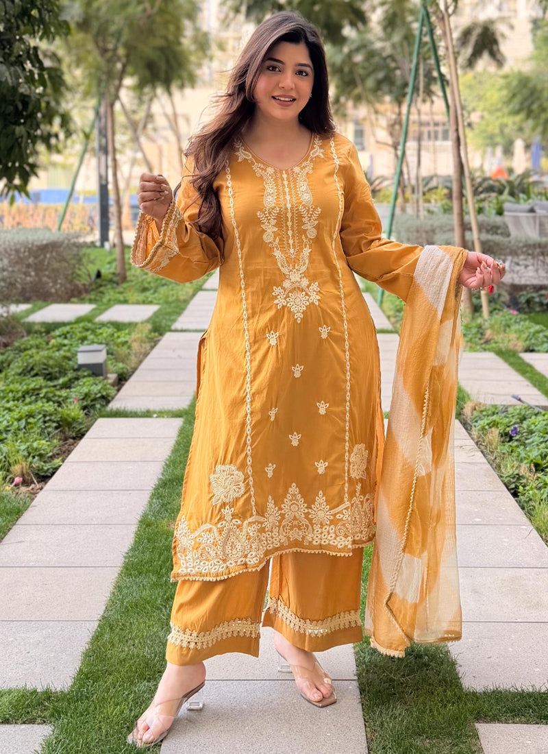 Vegaa Fashion Mustard Embroidered Vichitra Salwar Suit