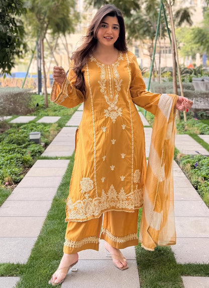 Vegaa Fashion Mustard Embroidered Vichitra Salwar Suit