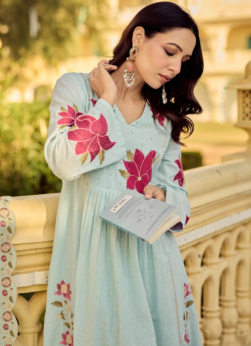 Vegaa Fashion Sea-Green Embroidered Chanderi Anarkali Suit