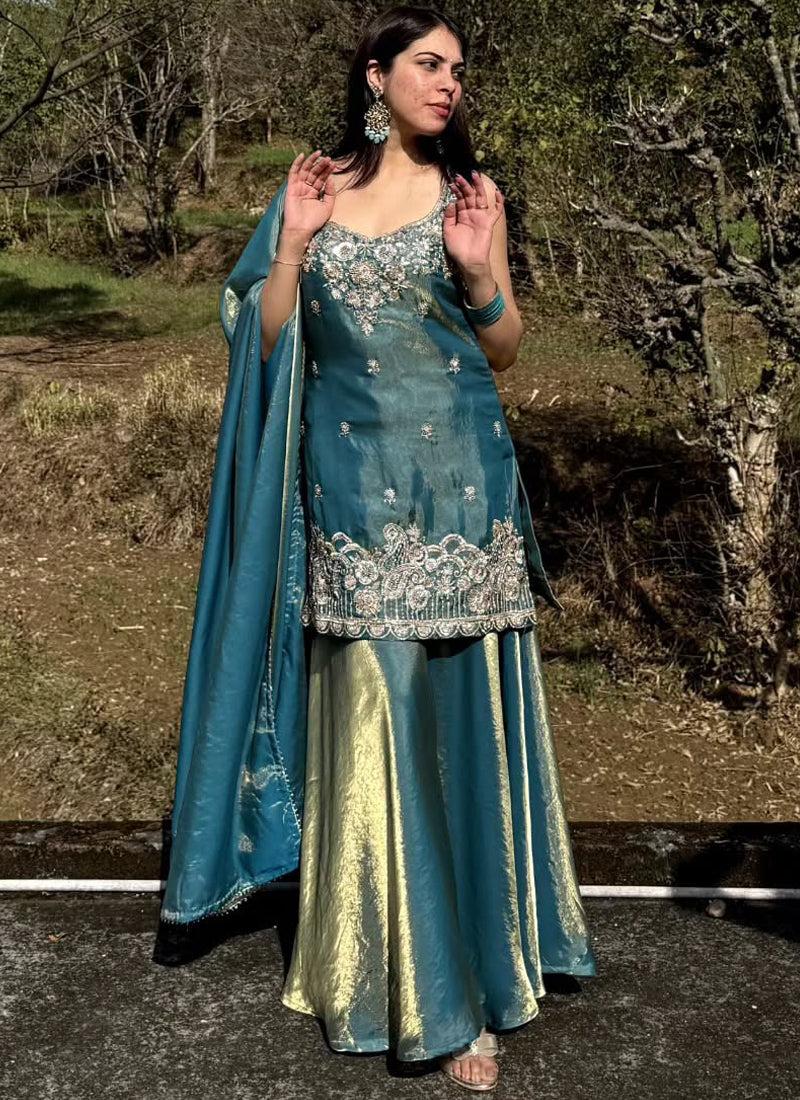 Vegaa Fashion Turquoise Embroidered Satin Palazzo Suit