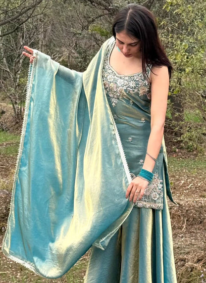 Vegaa Fashion Turquoise Embroidered Satin Palazzo Suit