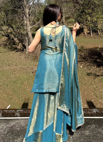Vegaa Fashion Turquoise Embroidered Satin Palazzo Suit