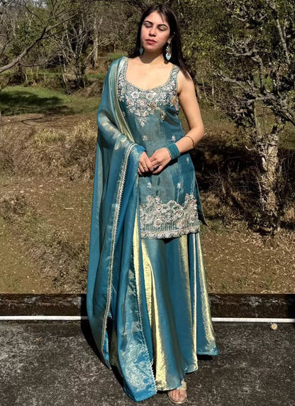 Vegaa Fashion Turquoise Embroidered Satin Palazzo Suit