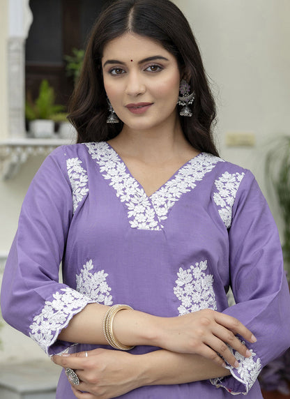 Vegaa Fashion Purple Embroidered Silk Blend Kurti Suit