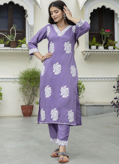 Vegaa Fashion Purple Embroidered Silk Blend Kurti Suit