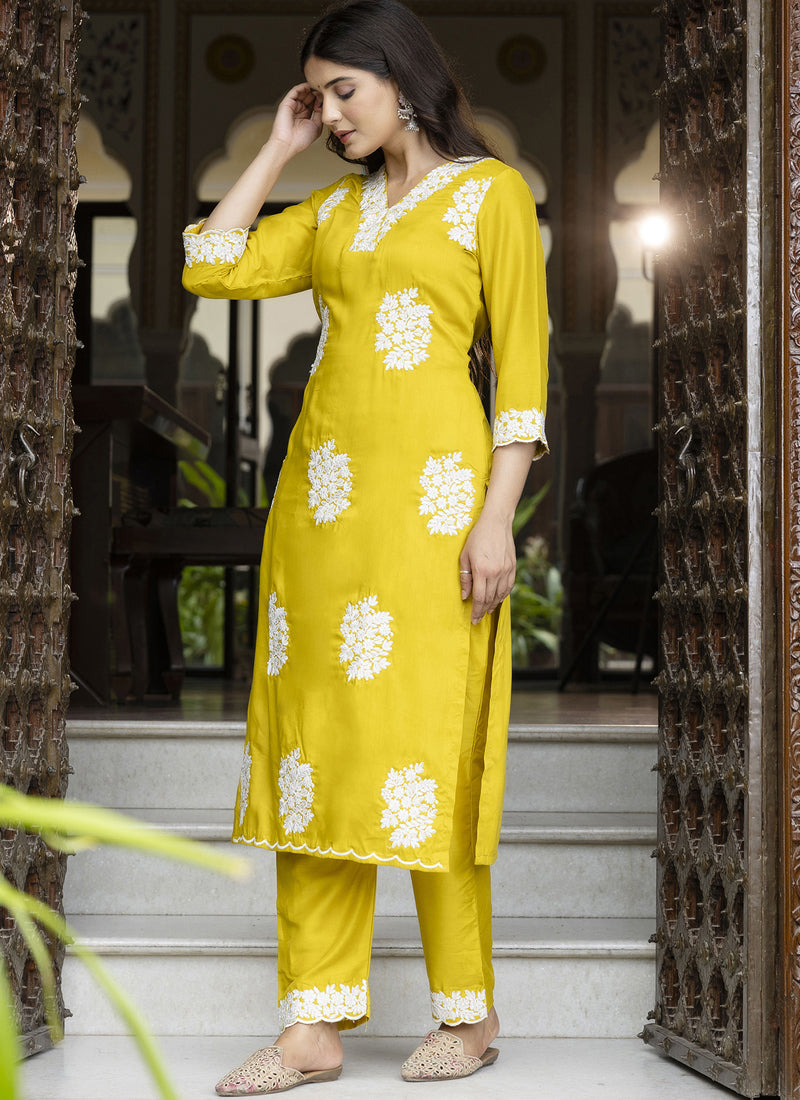 Vegaa Fashion Yellow Embroidered Silk Blend Kurti Suit