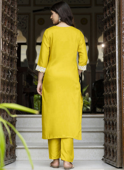 Vegaa Fashion Yellow Embroidered Silk Blend Kurti Suit
