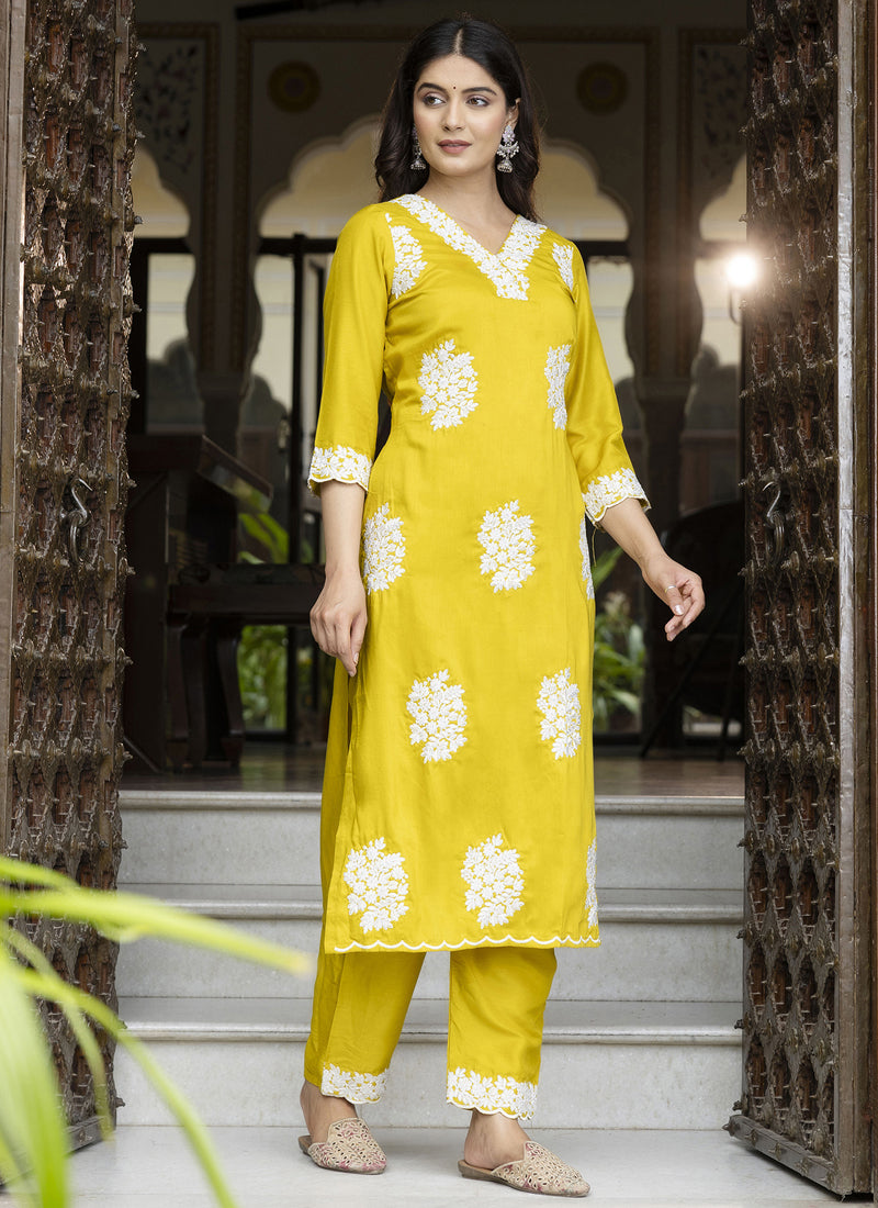 Vegaa Fashion Yellow Embroidered Silk Blend Kurti Suit