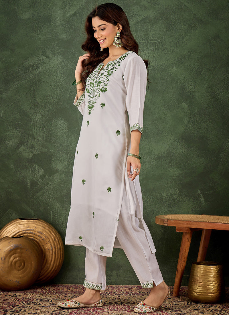 Vegaa Fashion Off-White Embroidered Roman Silk Kurti Suit