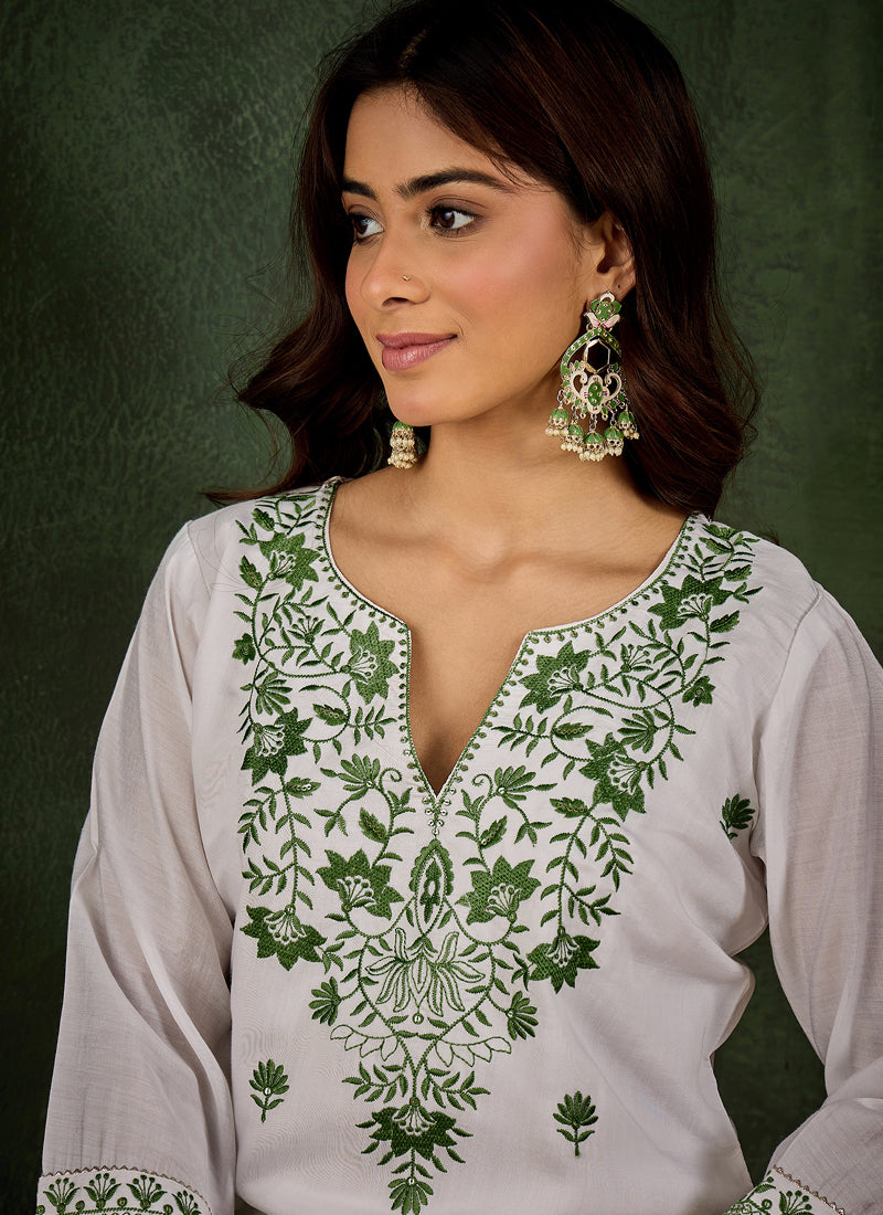Vegaa Fashion Off-White Embroidered Roman Silk Kurti Suit