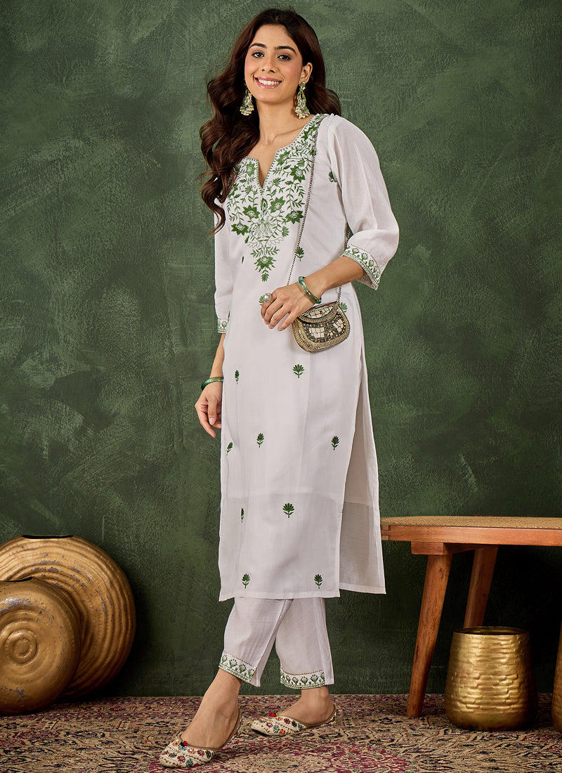 Vegaa Fashion Off-White Embroidered Roman Silk Kurti Suit