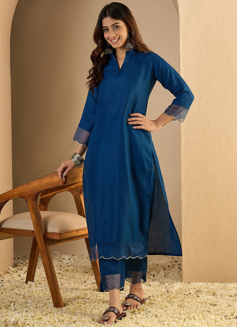 Vegaa Fashion Dark-Blue Embroidered Cotton Silk Kurti Suit