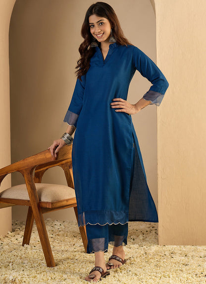 Vegaa Fashion Dark-Blue Embroidered Cotton Silk Kurti Suit
