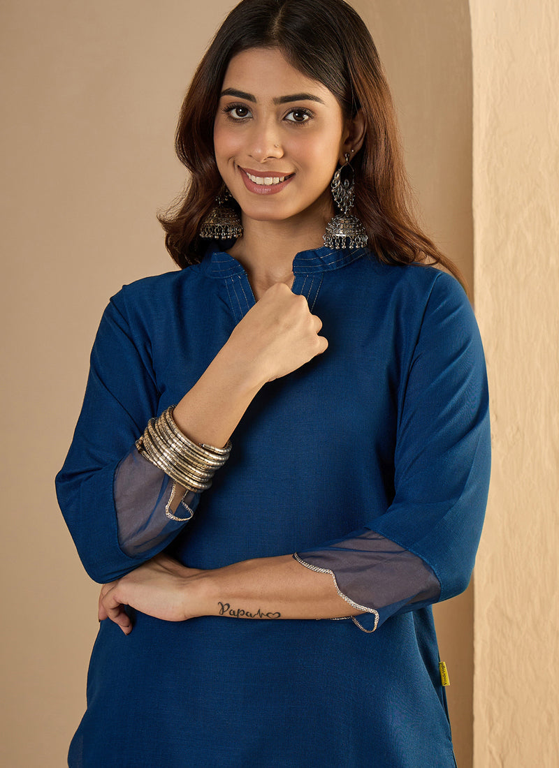 Vegaa Fashion Dark-Blue Embroidered Cotton Silk Kurti Suit