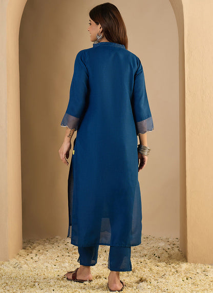 Vegaa Fashion Dark-Blue Embroidered Cotton Silk Kurti Suit